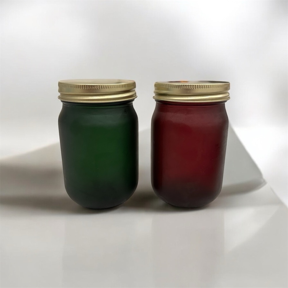 Set of Two Frosted Glass Jars - Green and Red